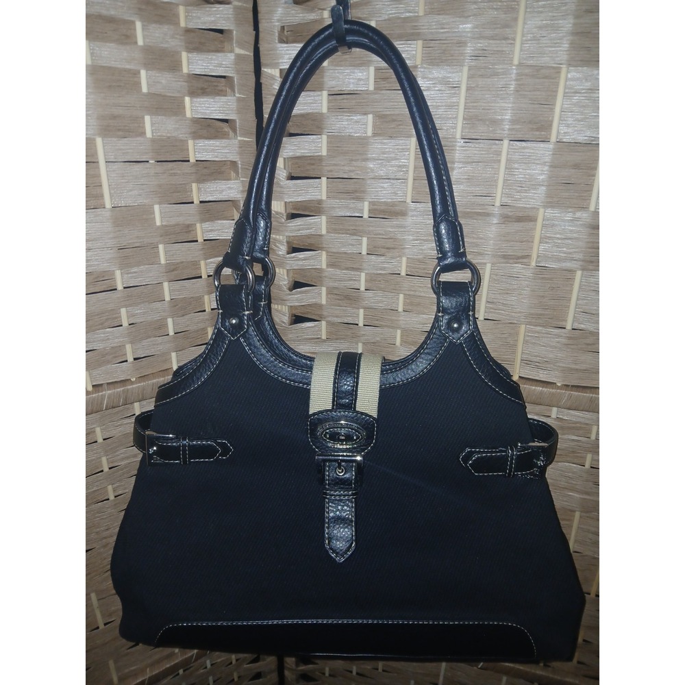 Etienne Aigner Black Canvas Leather Trim 2 Handle Tote Shoulder Bag Purse